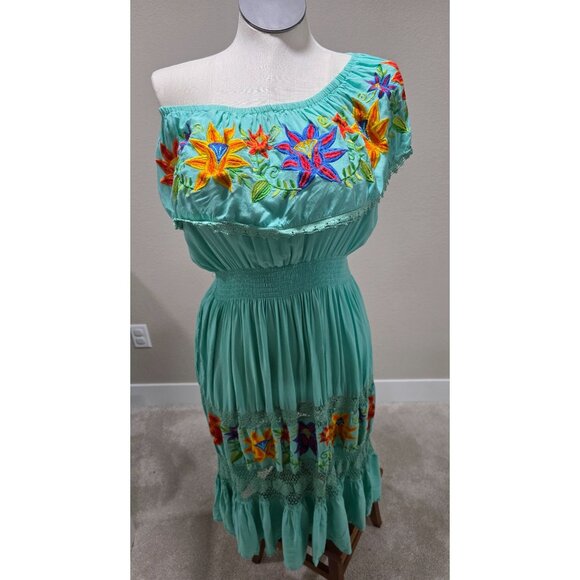 Mexican Boho Maxi Dress With Floral Embroidery & Lace Details Turquoise Color El - Picture 7 of 10